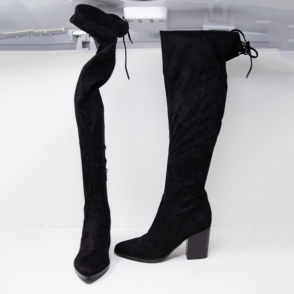 Marc Fisher Arletta Pointed Toe Block High Heel Over The Knee Boots Shoes Black - Picture 1 of 5